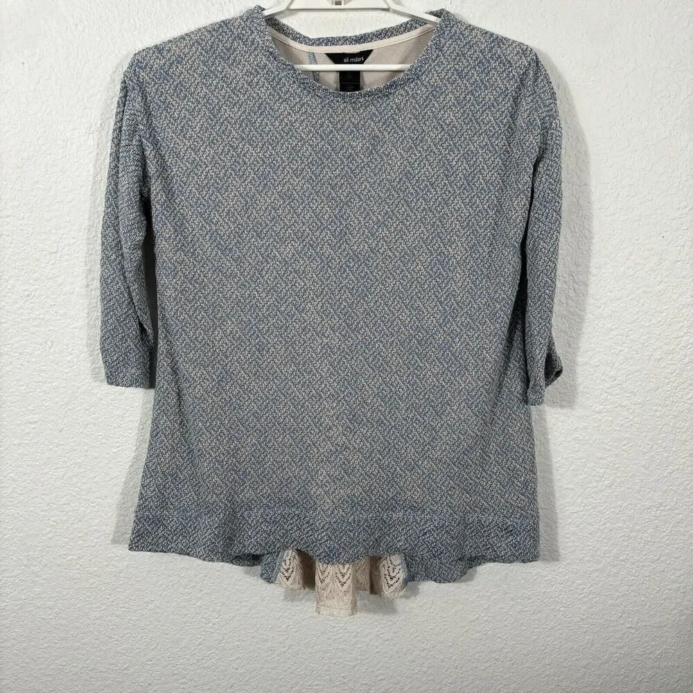 Ali Miles‎ Top Size M Knit Blue Beige 3/4 Sleeve Lagenlook Lace Accents